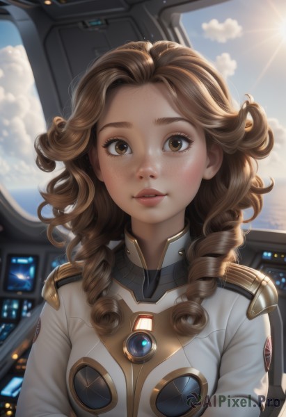 1girl,solo,long hair,breasts,looking at viewer,blush,smile,brown hair,brown eyes,upper body,parted lips,sky,day,cloud,medium hair,blue sky,lips,window,bodysuit,drill hair,forehead,backlighting,freckles,science fiction,curly hair,realistic,nose,sun,white bodysuit,ringlets,bangs,jewelry,earrings,outdoors,teeth,blurry,eyelashes,blurry background,sunlight,cloudy sky,lens flare,thick lips