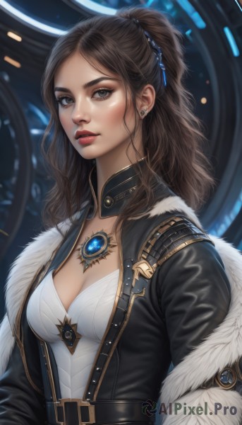 1girl,solo,long hair,breasts,looking at viewer,brown hair,hair ornament,cleavage,brown eyes,jewelry,medium breasts,jacket,upper body,ponytail,earrings,parted lips,open clothes,belt,necklace,blurry,lips,coat,black jacket,grey eyes,fur trim,makeup,blurry background,wavy hair,lipstick,brooch,gem,buckle,pendant,half updo,nose,red lips,bangs,open jacket,parted bangs,realistic