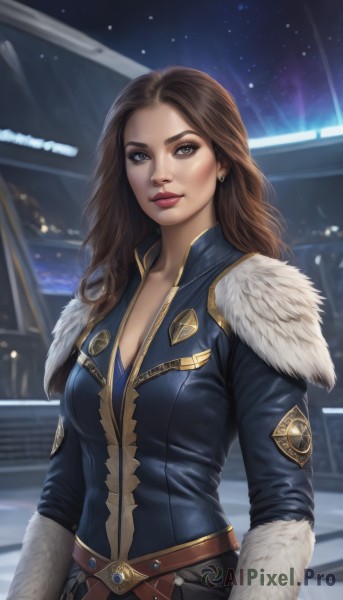 1girl,solo,long hair,breasts,looking at viewer,smile,large breasts,brown hair,cleavage,brown eyes,jewelry,medium breasts,jacket,upper body,earrings,belt,lips,fur trim,makeup,night,lipstick,star (sky),realistic,nose,red lips,closed mouth,artist name,signature,grey eyes,bodysuit,eyeshadow,emblem