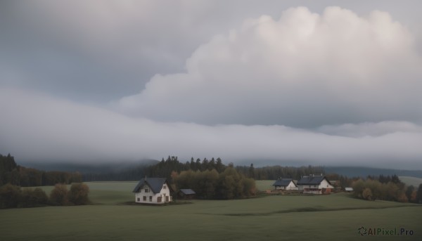 outdoors,sky,day,cloud,tree,no humans,window,cloudy sky,grass,building,nature,scenery,forest,mountain,house,landscape,hill,horizon,road,field