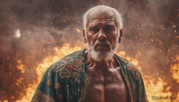 solo,looking at viewer,1boy,closed mouth,upper body,white hair,male focus,japanese clothes,open clothes,kimono,facial hair,scar,moon,fire,pectorals,beard,full moon,mature male,realistic,mustache,bald,manly,old,old man,embers,burning,wrinkled skin,jewelry,earrings,black eyes,thick eyebrows,portrait,scar on face,scar across eye,chest hair