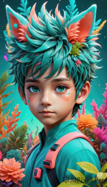 midoriya izuku,solo,looking at viewer,short hair,bangs,hair ornament,1boy,animal ears,closed mouth,green eyes,upper body,flower,male focus,multicolored hair,green hair,artist name,cat ears,hair flower,from side,lips,animal ear fluff,gradient,gradient background,eyelashes,bodysuit,leaf,blue background,facial mark,plant,portrait,extra ears,pink flower,freckles,kemonomimi mode,yellow flower,orange flower,shirt,jacket,aqua hair,watermark,blue shirt,spiked hair,messy hair,web address,nose,coral