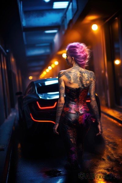 1girl,solo,short hair,bare shoulders,jewelry,standing,pink hair,purple hair,ass,earrings,looking back,pants,dark skin,from behind,blurry,dark-skinned female,tattoo,night,blurry background,back,black pants,piercing,ground vehicle,motor vehicle,corset,car,road,arm tattoo,undercut,back tattoo,outdoors,alternate hairstyle,depth of field,ear piercing,walking,alternate hair length,stud earrings,very short hair,street,neon lights,full-body tattoo