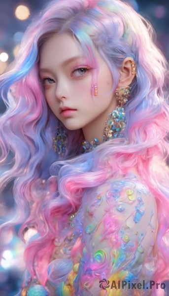 1girl,solo,long hair,looking at viewer,blue eyes,jewelry,closed mouth,blue hair,upper body,pink hair,multicolored hair,earrings,necklace,blurry,from side,two-tone hair,lips,grey eyes,eyelashes,tattoo,gradient hair,makeup,depth of field,blurry background,wavy hair,piercing,gem,ear piercing,eyeshadow,pink lips,nose,eyeliner,bokeh,mascara,artist name,streaked hair,expressionless,realistic,pearl (gemstone)