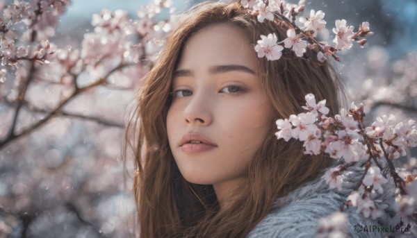 1girl, solo, long hair, looking at viewer, brown hair, brown eyes, flower, outdoors, parted lips, blurry, lips, blurry background, cherry blossoms, portrait, freckles, realistic, nose, branch