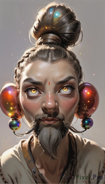 1girl,solo,looking at viewer,simple background,hair ornament,1boy,jewelry,closed mouth,collarbone,yellow eyes,upper body,braid,grey hair,male focus,earrings,grey background,hair bun,mole,lips,eyelashes,makeup,facial hair,facial mark,single hair bun,thick eyebrows,portrait,light particles,beard,forehead,freckles,beads,forehead mark,realistic,nose,mustache,old,straight-on,mascara,brown hair,artist name