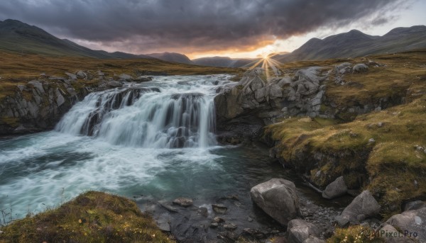 outdoors,sky,day,cloud,water,tree,no humans,sunlight,cloudy sky,grass,nature,scenery,sunset,rock,mountain,sun,river,waterfall,landscape,cliff,flower,signature,stream