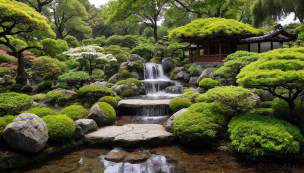 outdoors,day,water,tree,no humans,grass,building,nature,scenery,forest,rock,architecture,east asian architecture,river,waterfall,moss,stone,pond,stone lantern,stream,bush