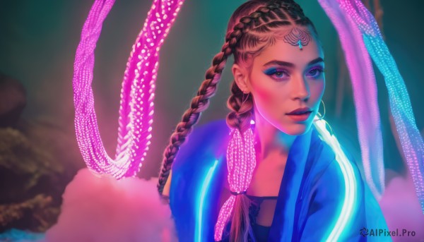 1girl,solo,long hair,looking at viewer,brown hair,hair ornament,brown eyes,jewelry,closed mouth,upper body,braid,earrings,parted lips,dark skin,blurry,twin braids,dark-skinned female,lips,eyelashes,makeup,blurry background,facial mark,lipstick,eyeshadow,nose,eyeliner,multiple braids,ribbon,jacket,hair ribbon,multicolored hair,artist name,gem,hoop earrings,forehead jewel,mascara