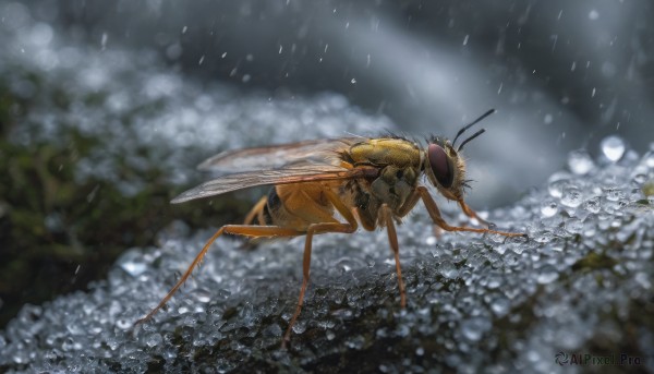 flower, wings, blurry, no humans, depth of field, animal, bug, rain, realistic, antennae, field, insect wings