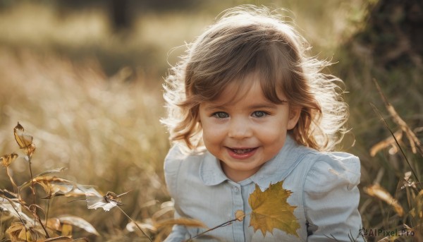 1girl,solo,looking at viewer,smile,short hair,open mouth,brown hair,shirt,long sleeves,holding,brown eyes,white shirt,upper body,outdoors,parted lips,teeth,blurry,black eyes,lips,depth of field,blurry background,bird,leaf,realistic,wheat,dragonfly,long hair,messy hair