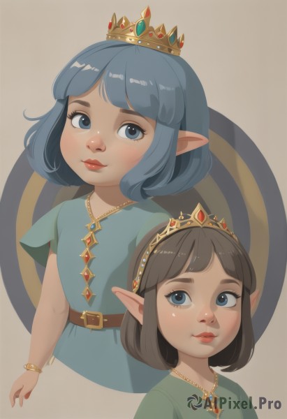 looking at viewer,blush,smile,short hair,bangs,blue eyes,multiple girls,simple background,brown hair,dress,2girls,jewelry,closed mouth,blue hair,upper body,short sleeves,pointy ears,belt,medium hair,necklace,bracelet,lips,makeup,blue dress,bob cut,tiara,crown,gem,child,brown background,green dress,cropped torso,green shirt,red lips,female child,brown belt,1girl,shirt,white background,multiple views,blue shirt,lipstick,pendant,realistic