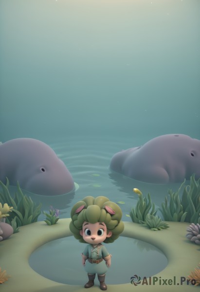 solo,looking at viewer,1boy,animal ears,brown eyes,standing,full body,male focus,boots,green hair,belt,water,black eyes,night,brown footwear,fish,lily pad,1girl,smile,short hair,open mouth,blue eyes,leaf,grass,plant