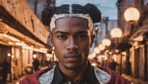 solo,looking at viewer,shirt,black hair,1boy,brown eyes,jewelry,closed mouth,upper body,male focus,multicolored hair,earrings,outdoors,solo focus,collared shirt,dark skin,hair bun,blurry,black eyes,two-tone hair,dark-skinned female,double bun,depth of field,blurry background,facial hair,dark-skinned male,portrait,red jacket,lantern,realistic,mustache,very dark skin,jacket,lips,black shirt