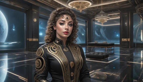 1girl,solo,long hair,looking at viewer,brown hair,long sleeves,brown eyes,upper body,parted lips,indoors,black eyes,lips,window,makeup,chair,facial mark,table,lipstick,star (sky),science fiction,curly hair,forehead mark,realistic,nose,fantasy,red lips,space,planet,alien,earth (planet),spacecraft,breasts,black hair,jewelry,night,wavy hair,moon,third eye,fish,surreal,aquarium