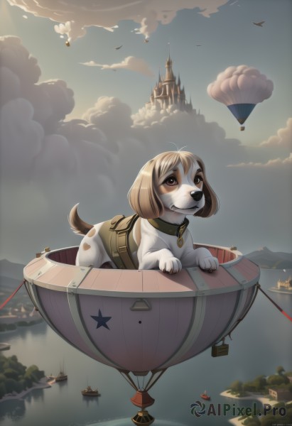 1girl,solo,brown hair,brown eyes,tail,outdoors,sky,cloud,water,star (symbol),collar,no humans,bird,animal,cloudy sky,building,scenery,furry,dog,aircraft,leash,watercraft,castle,tower,pet,heart,dog ears,flying,dog tail,furry female,airplane