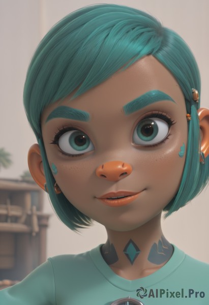 1girl,solo,looking at viewer,smile,short hair,bangs,shirt,hair ornament,jewelry,green eyes,upper body,earrings,parted lips,green hair,artist name,dark skin,blurry,aqua eyes,dark-skinned female,lips,eyelashes,aqua hair,tattoo,makeup,blurry background,swept bangs,piercing,thick eyebrows,portrait,close-up,freckles,nose,cyborg,mascara,neck tattoo,aqua shirt,teeth,hairclip,lipstick