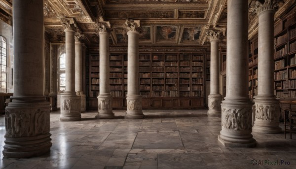 day,indoors,water,book,no humans,window,sunlight,scenery,light rays,stairs,bookshelf,tiles,architecture,tile floor,pillar,library,arch,column,vanishing point,voile,chair,railing,statue,reflective floor,stone floor