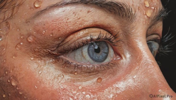 solo,looking at viewer,blue eyes,black hair,1boy,male focus,eyelashes,black background,close-up,reflection,water drop,realistic,eye focus,simple background