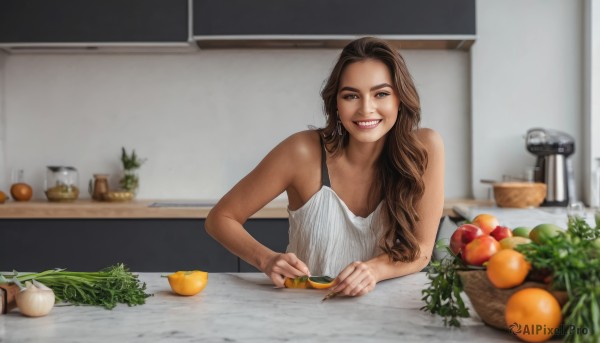 1girl,solo,long hair,looking at viewer,smile,brown hair,holding,bare shoulders,brown eyes,upper body,food,teeth,sleeveless,indoors,grin,blurry,fruit,table,knife,plant,realistic,basket,orange (fruit),kitchen,vegetable,sink,cutting board,dark skin,dark-skinned female,tattoo,tank top,carrot,potato,onion