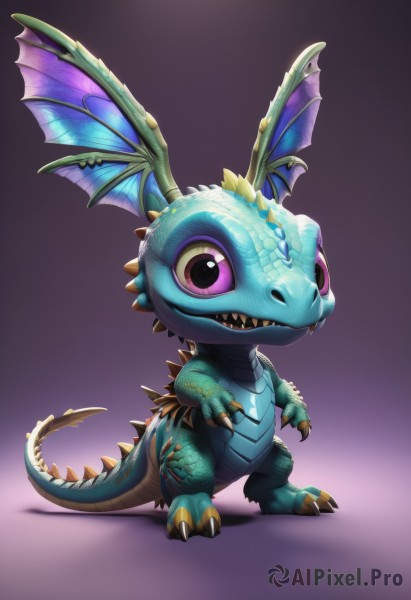 solo,looking at viewer,open mouth,simple background,standing,purple eyes,tail,full body,wings,horns,teeth,pink eyes,chibi,gradient,gradient background,no humans,shadow,fangs,sharp teeth,claws,purple background,dragon,scales,pokemon (creature),head wings,realistic,digimon (creature)