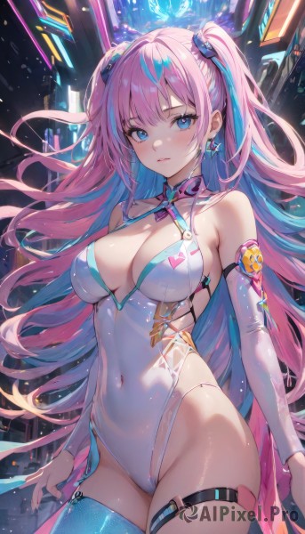 1girl,solo,long hair,breasts,looking at viewer,blush,bangs,blue eyes,large breasts,hair ornament,thighhighs,long sleeves,cleavage,bare shoulders,twintails,jewelry,medium breasts,very long hair,closed mouth,blue hair,standing,pink hair,thighs,multicolored hair,cowboy shot,earrings,detached sleeves,shiny,virtual youtuber,two-tone hair,leotard,two side up,streaked hair,groin,shiny skin,clothing cutout,covered navel,skindentation,thigh strap,highleg,single thighhigh,skin tight,highleg leotard,shiny clothes,white leotard,blue thighhighs,nail polish,lips