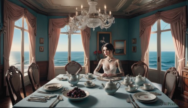 1girl,solo,breasts,short hair,black hair,dress,cleavage,bare shoulders,jewelry,medium breasts,sitting,closed mouth,flower,earrings,food,sky,sleeveless,day,indoors,water,necklace,white dress,cup,window,tattoo,fruit,rose,ocean,chair,beach,table,sunlight,knife,curtains,red flower,scenery,plate,teacup,cake,fork,horizon,candle,teapot,saucer,grapes,painting (object),candlestand,chandelier,wooden table,tablecloth,blue sky,looking to the side,looking away,realistic,spoon