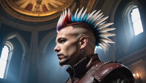 solo,1boy,jewelry,closed mouth,blue hair,upper body,white hair,male focus,red hair,multicolored hair,earrings,indoors,from side,two-tone hair,lips,streaked hair,profile,facial hair,piercing,cross,beard,realistic,nose,leather,cross earrings,mohawk,church,dark skin,necklace,window,dark-skinned male,feathers,bald,statue