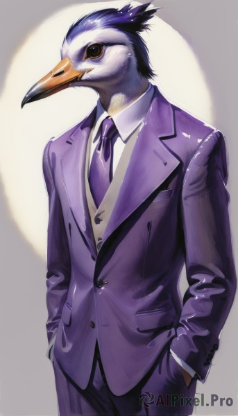 solo,simple background,shirt,long sleeves,1boy,white background,standing,jacket,white shirt,male focus,cowboy shot,necktie,collared shirt,pants,artist name,vest,no humans,bird,animal,formal,suit,furry,hands in pockets,furry male,animal focus,purple necktie,purple vest,beak,looking at viewer,closed mouth,glasses,grey background,black eyes,buttons,black necktie,purple jacket