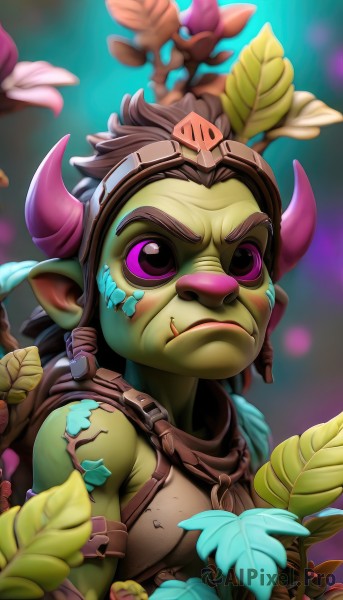 1girl,solo,smile,short hair,bangs,brown hair,1boy,holding,bare shoulders,closed mouth,upper body,flower,male focus,horns,pointy ears,shiny,pink eyes,armor,blurry,shiny hair,blurry background,colored skin,leaf,goggles,green skin,multicolored background,goblin,yordle,looking at viewer,purple eyes,fang,artist name,cosplay,plant,fake horns,fang out,tusks