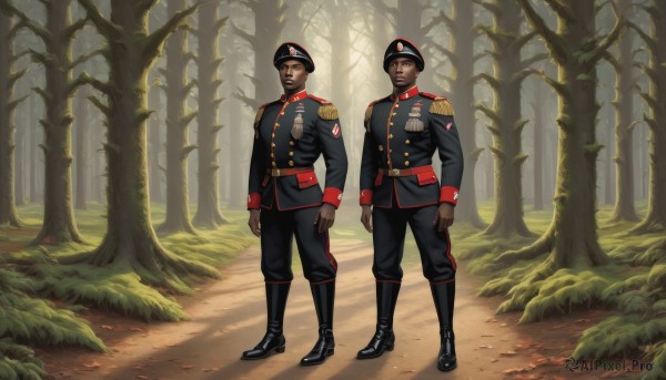 looking at viewer,smile,short hair,brown hair,black hair,long sleeves,hat,closed mouth,standing,jacket,male focus,boots,outdoors,multiple boys,belt,pants,dark skin,2boys,black footwear,uniform,black eyes,tree,military,military uniform,facial hair,black pants,dark-skinned male,nature,forest,walking,epaulettes,military hat,realistic,gloves,full body,black jacket,black headwear,helmet,grass,peaked cap,mustache,aiguillette,soldier