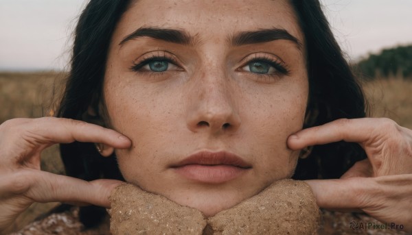 1girl,solo,long hair,looking at viewer,blue eyes,black hair,jewelry,closed mouth,green eyes,earrings,blurry,lips,eyelashes,depth of field,blurry background,thick eyebrows,portrait,close-up,freckles,realistic,nose,pinching,cheek pinching,short hair,expressionless,head rest