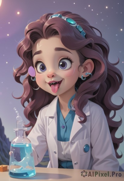 1girl,solo,long hair,blush,smile,open mouth,blue eyes,brown hair,shirt,long sleeves,holding,jewelry,purple eyes,upper body,hairband,earrings,outdoors,sky,teeth,tongue,tongue out,necklace,coat,night,buttons,upper teeth only,wavy hair,piercing,table,blue shirt,star (sky),forehead,freckles,curly hair,labcoat,white coat,test tube,flask,drugs,skirt,jacket,open clothes,collared shirt,dark skin,water,dark-skinned female,lips,eyelashes,thick eyebrows,bottle,goggles