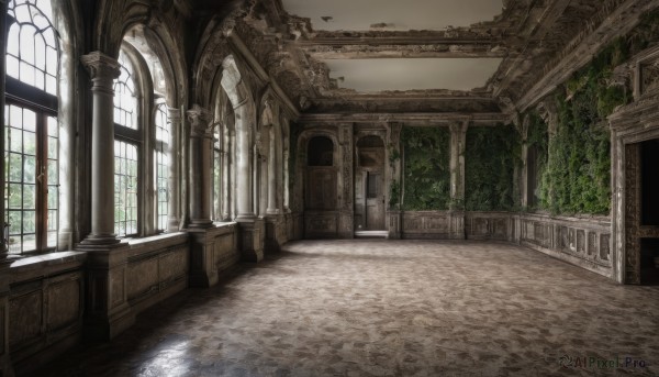 outdoors,day,indoors,tree,dutch angle,no humans,window,sunlight,building,scenery,stairs,door,architecture,ruins,pillar,hallway,church,arch,column,vanishing point,chair,table,plant,wooden floor,fantasy,ceiling,overgrown