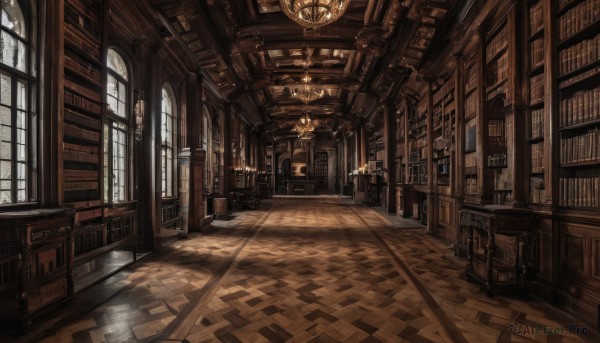 day,indoors,book,no humans,window,chair,table,sunlight,scenery,light rays,wooden floor,stairs,door,bookshelf,candle,architecture,library,ceiling,hallway,carpet,arch,candlestand,chandelier,fantasy,clock