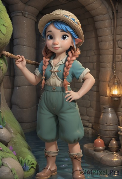 1girl,solo,long hair,looking at viewer,smile,blue eyes,brown hair,shirt,hat,holding,twintails,closed mouth,blue hair,standing,full body,braid,flower,short sleeves,multicolored hair,boots,shorts,pointy ears,water,twin braids,lips,hand on hip,brown footwear,child,freckles,lantern,straw hat,lamp,overalls,barrel,watermark,stick