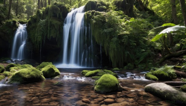 A waterfall showcased in a tranquil day