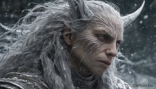 solo,long hair,blue eyes,1boy,closed mouth,white hair,male focus,outdoors,horns,armor,blurry,lips,blurry background,portrait,snow,snowing,realistic,grey eyes,facial hair,beard,close-up,looking afar,winter