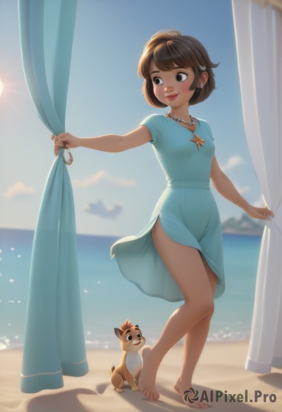 1girl,solo,breasts,blush,smile,short hair,bangs,brown hair,hair ornament,dress,brown eyes,jewelry,closed mouth,standing,full body,short sleeves,earrings,small breasts,outdoors,sky,barefoot,day,artist name,cloud,dark skin,water,necklace,star (symbol),blurry,dark-skinned female,blue sky,lips,looking to the side,bare legs,toes,blue dress,shadow,ocean,animal,beach,sunlight,standing on one leg,curtains,wind,backlighting,pink lips,nose,sand,sun,horizon,pearl necklace,see-through silhouette,curtain grab,feet,blurry background,side slit