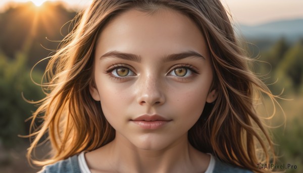 1girl,solo,long hair,looking at viewer,smile,brown hair,shirt,brown eyes,closed mouth,yellow eyes,outdoors,day,blurry,lips,eyelashes,depth of field,blurry background,sunlight,portrait,close-up,forehead,freckles,realistic,nose,wind,messy hair