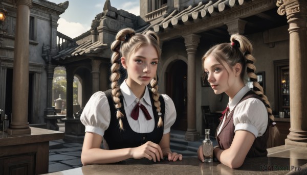 long hair,looking at viewer,blue eyes,multiple girls,blonde hair,brown hair,shirt,hair ornament,dress,ribbon,2girls,twintails,brown eyes,sitting,white shirt,upper body,braid,short sleeves,puffy sleeves,vest,twin braids,red ribbon,cup,puffy short sleeves,neck ribbon,siblings,table,bottle,sisters,building,twins,realistic,architecture,pillar,statue,column,smile,ponytail,outdoors,day,lips,sunlight