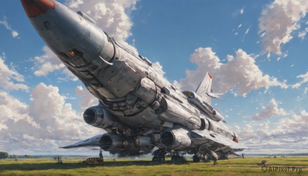 outdoors,multiple boys,sky,day,cloud,signature,blue sky,military,no humans,cloudy sky,grass,robot,scenery,mecha,flying,science fiction,realistic,aircraft,military vehicle,airplane,vehicle focus,spacecraft,tree,helmet,6+boys,pilot suit,field,jet,missile,variable fighter,roundel