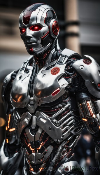 solo,looking at viewer,red eyes,1boy,upper body,male focus,armor,blurry,no humans,blurry background,glowing,robot,mecha,glowing eyes,1other,science fiction,realistic,android,cable,cyborg,robot joints,power armor,mechanical parts,humanoid robot,depth of field,helmet,joints