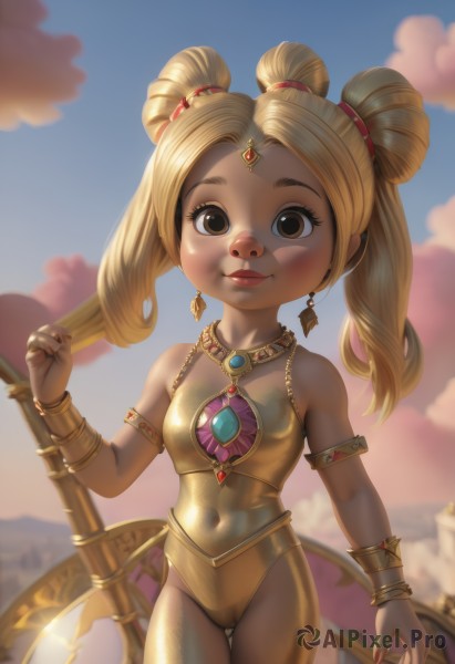 1girl,solo,long hair,breasts,looking at viewer,smile,blonde hair,navel,holding,bare shoulders,twintails,brown eyes,jewelry,closed mouth,weapon,thighs,cowboy shot,earrings,small breasts,outdoors,sky,cloud,dark skin,necklace,hair bun,nail polish,holding weapon,flat chest,bracelet,leotard,dark-skinned female,lips,loli,double bun,covered navel,cameltoe,ass visible through thighs,thigh gap,gem,child,armlet,circlet,female child,gold,blush,axe