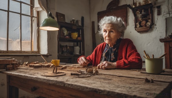 1girl,solo,short hair,shirt,long sleeves,1boy,jewelry,sitting,closed mouth,jacket,upper body,white hair,grey hair,male focus,day,indoors,necklace,cup,window,chair,table,curtains,red jacket,desk,realistic,clock,lamp,photo (object),old,old man,old woman,wrinkled skin,book,paintbrush,painting (object),painting (action),radio,phonograph,portrait (object)