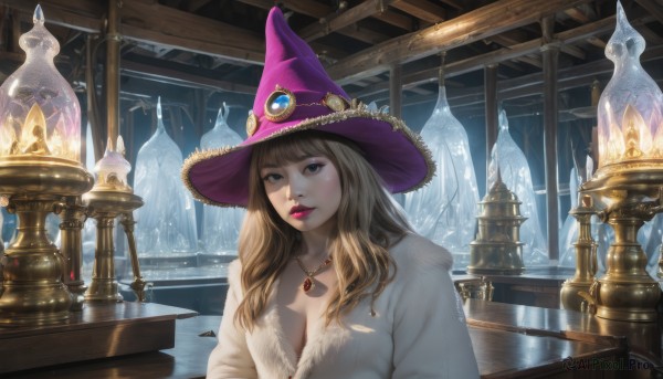 1girl,solo,long hair,breasts,looking at viewer,bangs,blonde hair,large breasts,brown hair,hat,cleavage,brown eyes,jewelry,medium breasts,upper body,parted lips,indoors,necklace,lips,coat,fur trim,makeup,witch hat,lipstick,gem,pendant,red lips,witch,purple headwear,shirt,long sleeves,white shirt,blunt bangs,buttons,scenery,pink lips,glint,realistic,nose,white coat,magic,candle