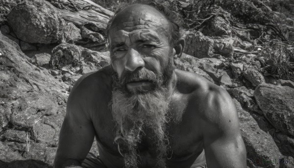 solo,looking at viewer,1boy,closed mouth,monochrome,upper body,greyscale,male focus,muscular,facial hair,beard,topless male,rock,realistic,mustache,bald,old,chest hair,old man,wrinkled skin,closed eyes,teeth,scar,facing viewer,manly