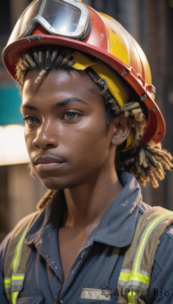 solo,smile,shirt,black hair,1boy,hat,upper body,male focus,parted lips,teeth,dark skin,blurry,black eyes,lips,blurry background,facial hair,dark-skinned male,helmet,goggles,portrait,freckles,pocket,goggles on head,realistic,nose,stubble,overalls,breast pocket,dreadlocks,1girl,short hair,brown eyes,closed mouth,artist name,backlighting,name tag,looking afar,chin strap