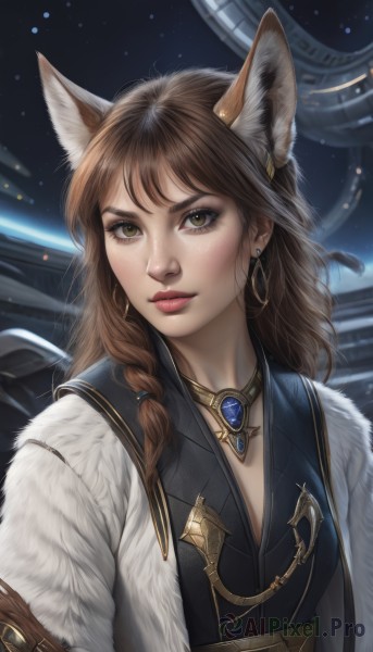 1girl,solo,long hair,looking at viewer,bangs,brown hair,animal ears,brown eyes,jewelry,upper body,braid,earrings,choker,artist name,necklace,lips,animal ear fluff,fur trim,fox ears,single braid,makeup,feathers,freckles,hoop earrings,realistic,nose,red lips,space,fur,breasts,cleavage,medium breasts,closed mouth,coat,eyelashes,extra ears