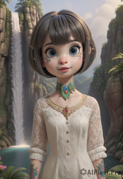 1girl,solo,looking at viewer,smile,short hair,bangs,blue eyes,brown hair,black hair,hair ornament,dress,jewelry,collarbone,upper body,flower,outdoors,parted lips,sky,choker,day,hairclip,cloud,water,necklace,white dress,black eyes,blue sky,lips,head tilt,see-through,tattoo,makeup,bob cut,thick eyebrows,plant,gem,freckles,nose,arms at sides,red lips,waterfall,eyelashes,watermark